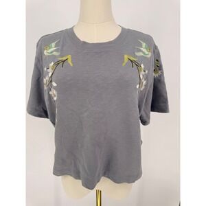 7 For All Mankind Gray Embroidered Bird Floral T Shirt Women's Size Medium